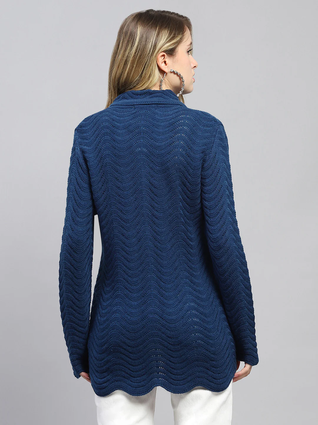 Women Blue Self Design Collar Full Sleeve Cardigan - Image 5