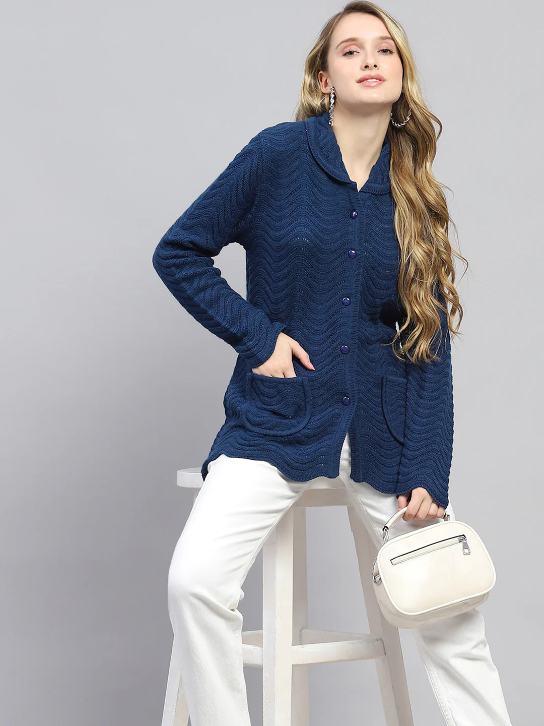 Women Blue Self Design Collar Full Sleeve Cardigan - Image 6
