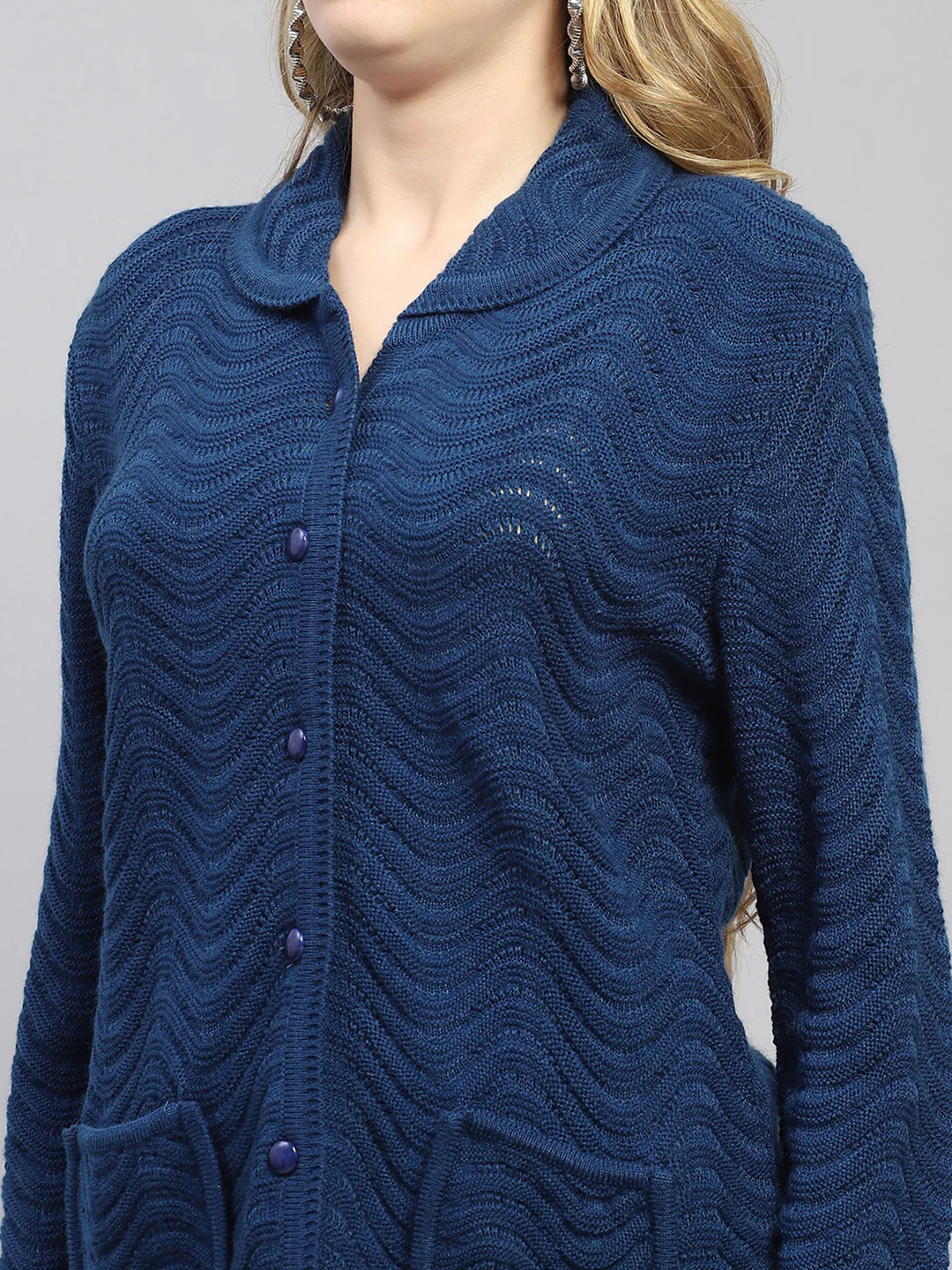 Women Blue Self Design Collar Full Sleeve Cardigan - Image 7