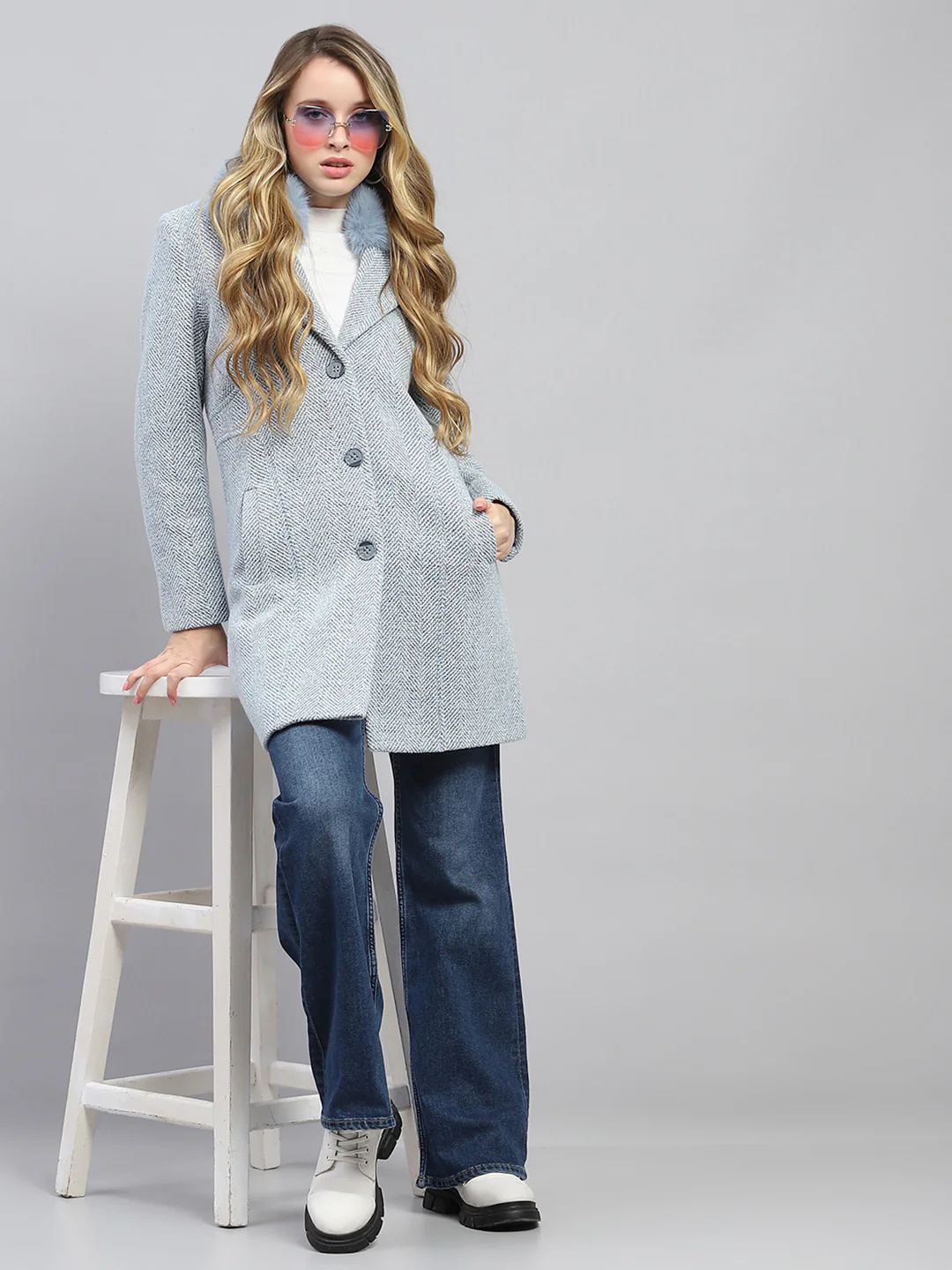 Women Blue Self Design Collar Full Sleeve Coat - Image 2