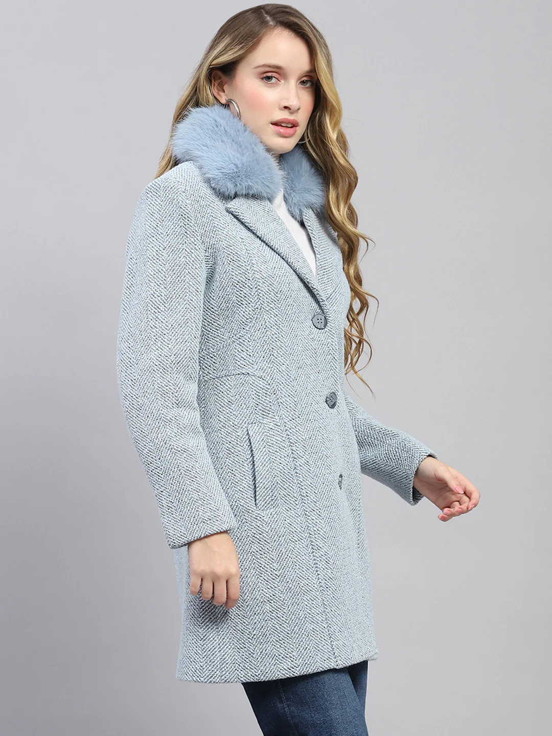 Women Blue Self Design Collar Full Sleeve Coat - Image 4