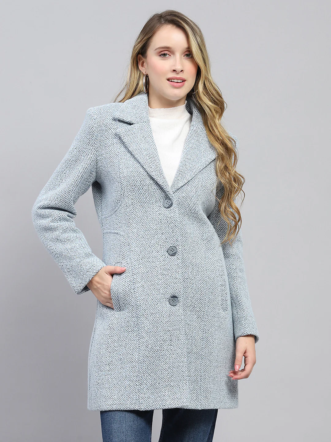 Women Blue Self Design Collar Full Sleeve Coat - Image 6