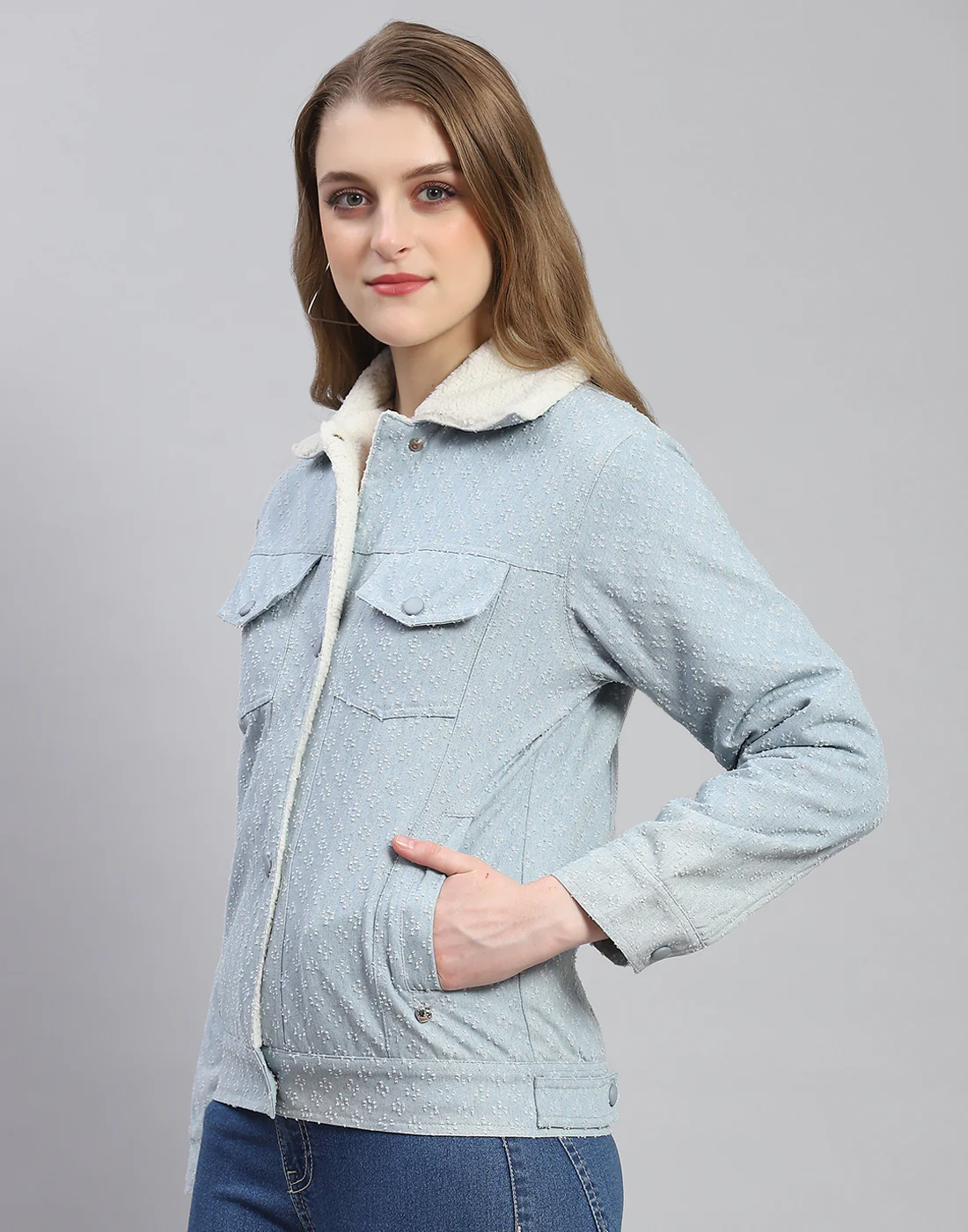 Women Blue Self Design Collar Full Sleeve Jacket - Image 3
