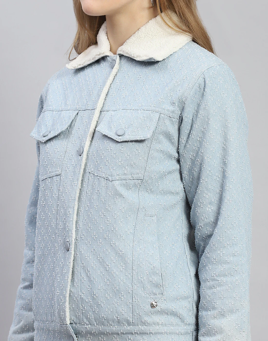 Women Blue Self Design Collar Full Sleeve Jacket - Image 7