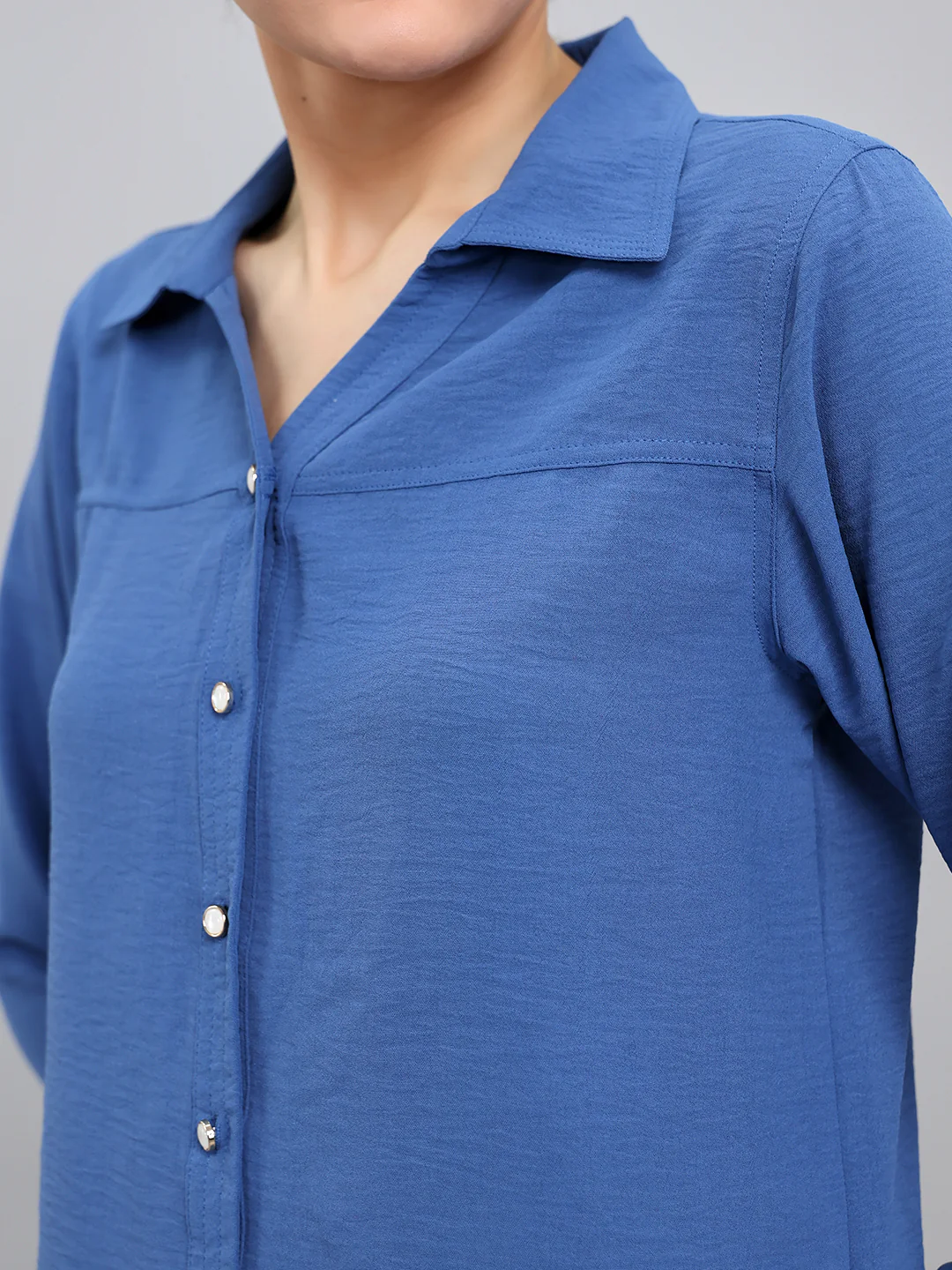 Women Blue Self Design Collar Full Sleeve Top - Image 5