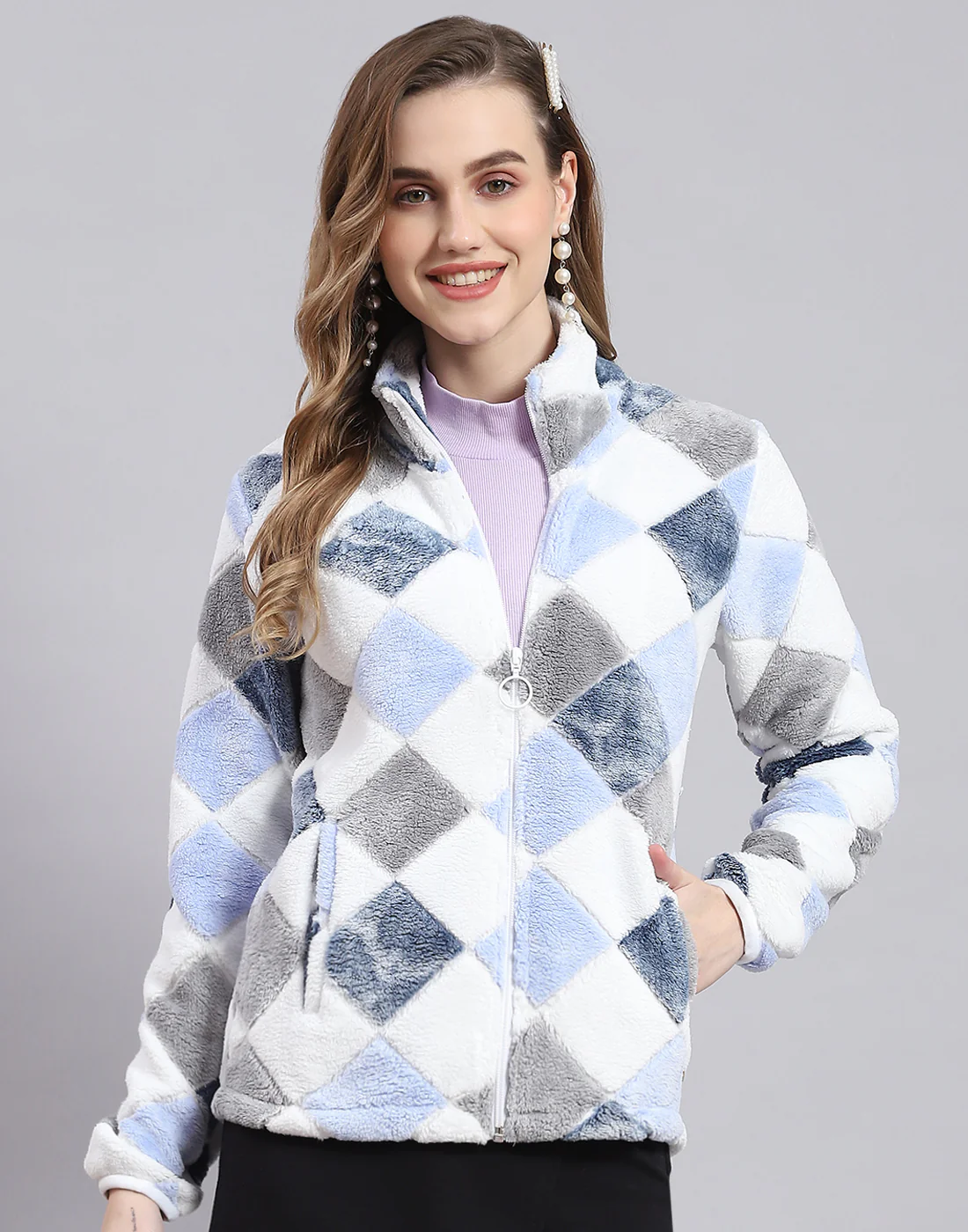 Women Blue Self Design F Neck Full Sleeve Sweatshirt - Image 3