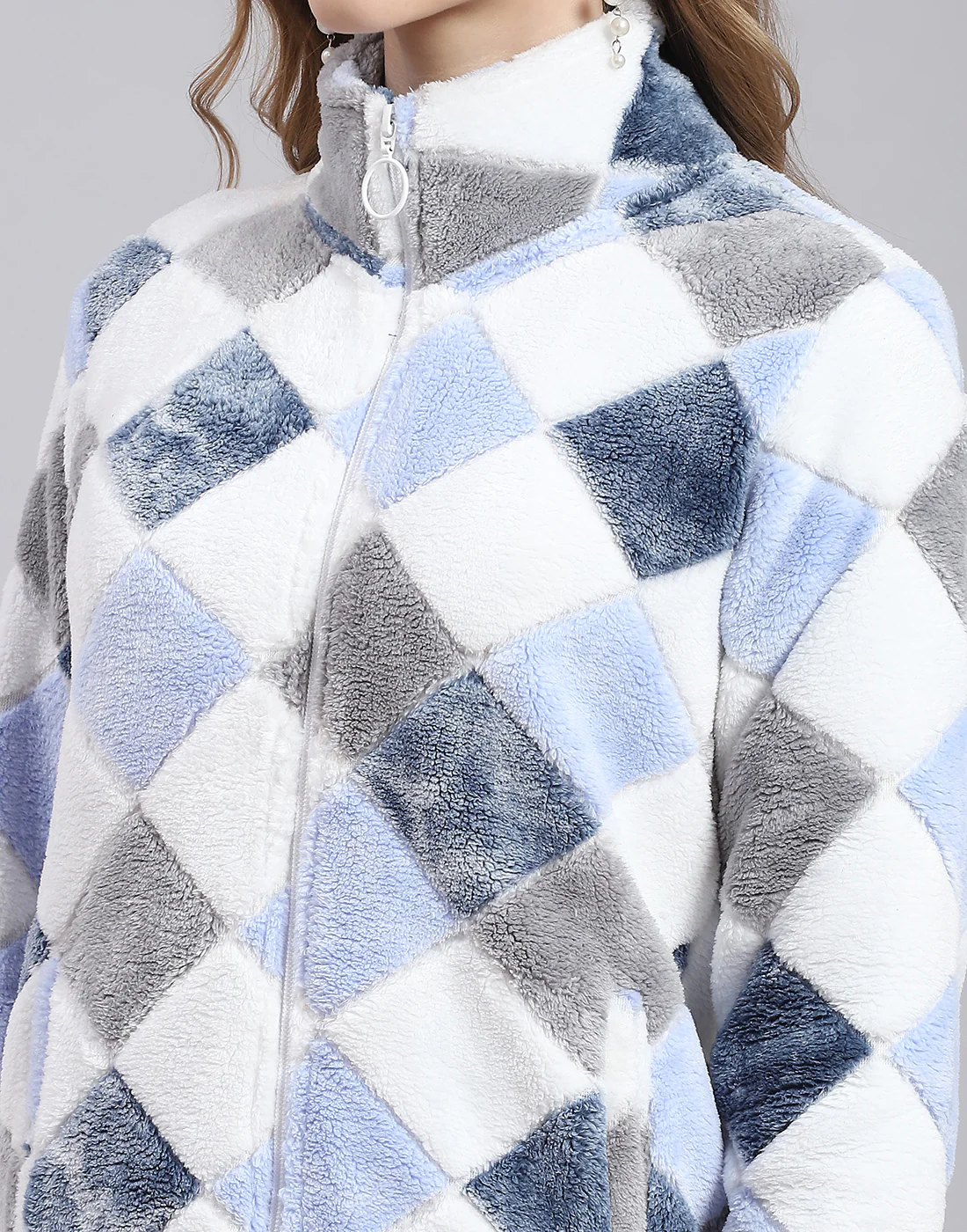 Women Blue Self Design F Neck Full Sleeve Sweatshirt - Image 7