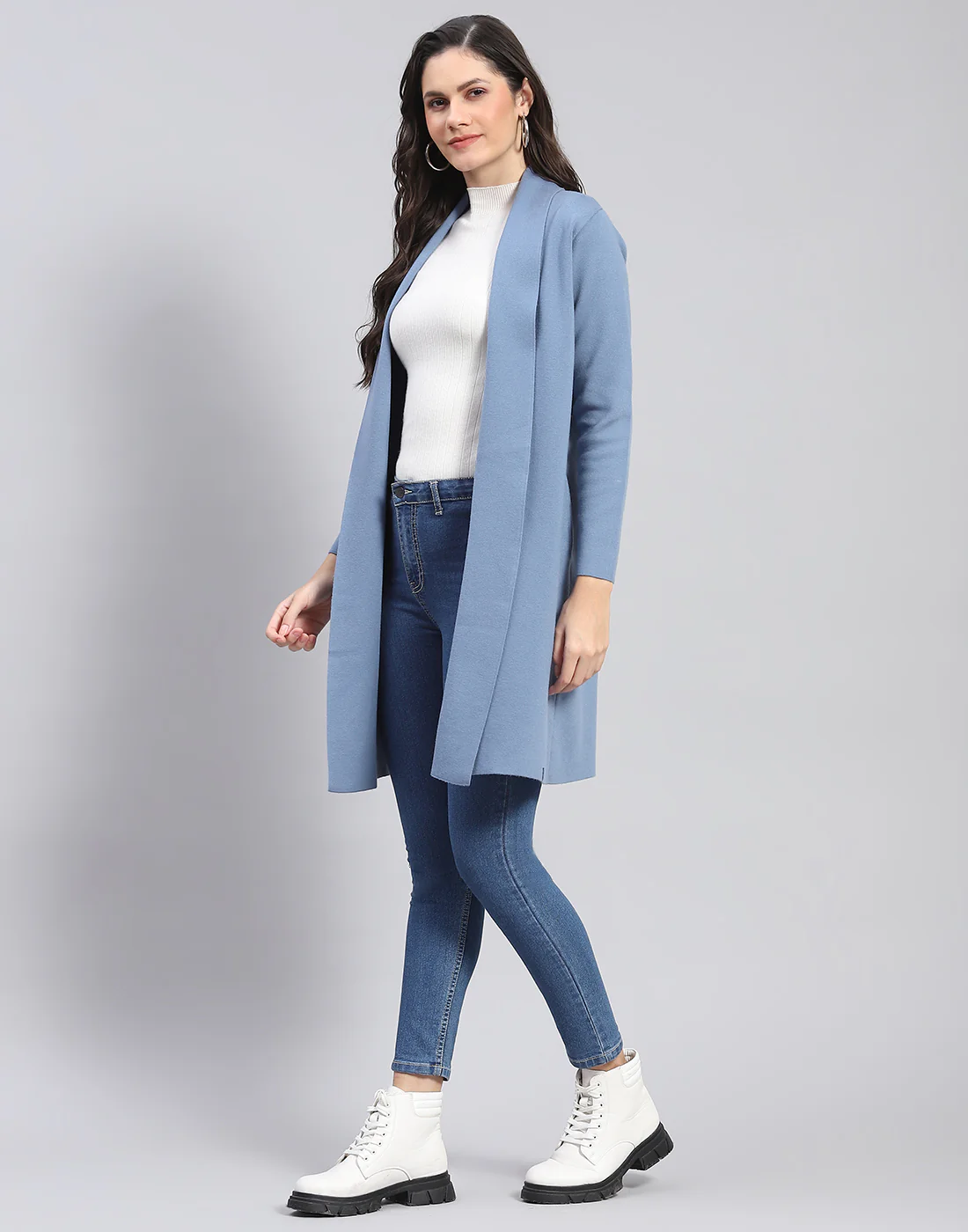 Women Blue Self Design Front Open Full Sleeve Cardigan - Image 3