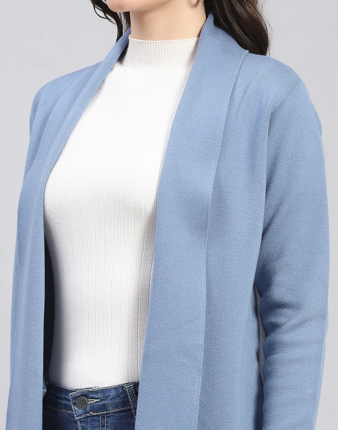 Women Blue Self Design Front Open Full Sleeve Cardigan - Image 6