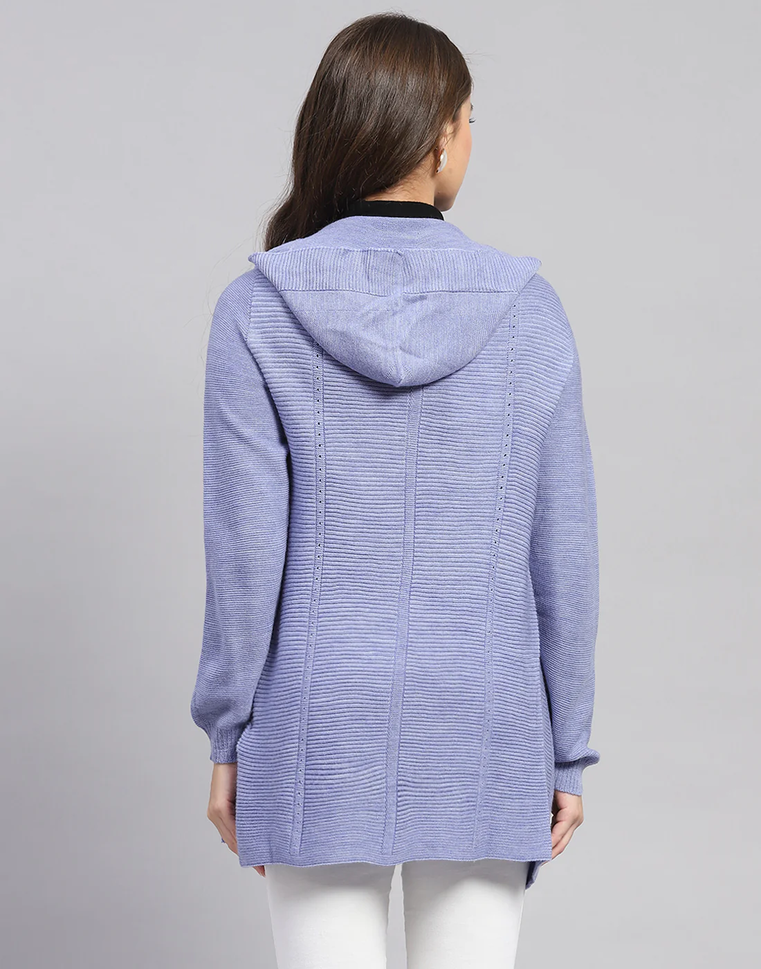 Women Blue Self Design Front Open Full Sleeve Cardigan - Image 5