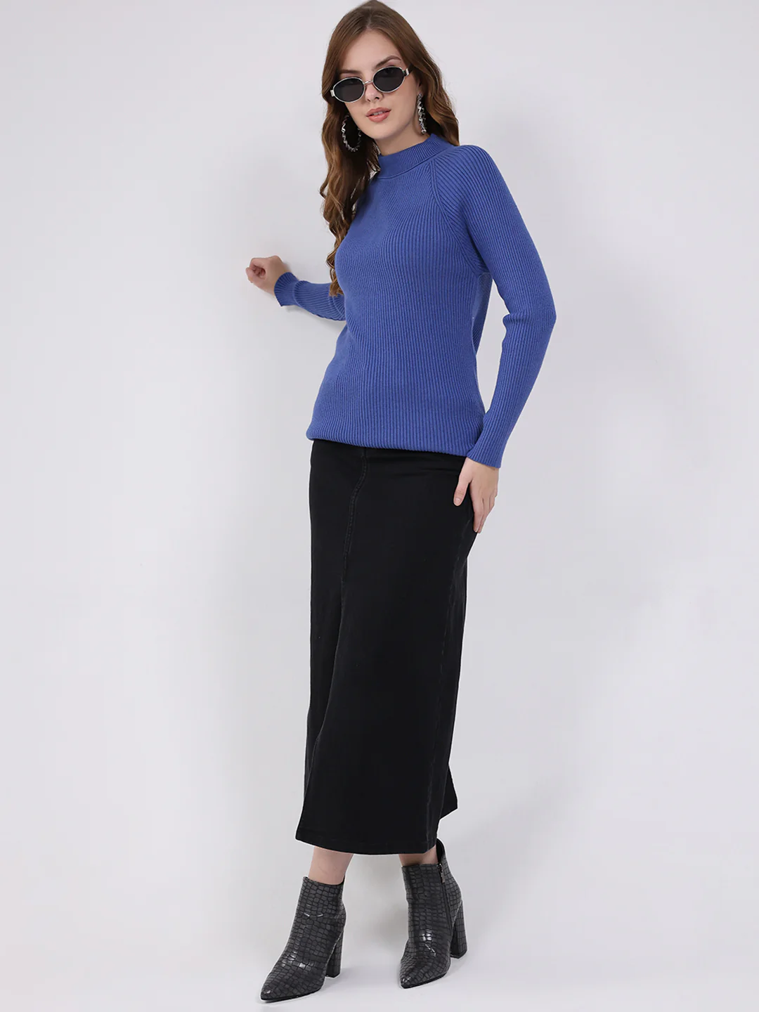 Women Blue Self Design High Neck Full Sleeve Sceavy - Image 2