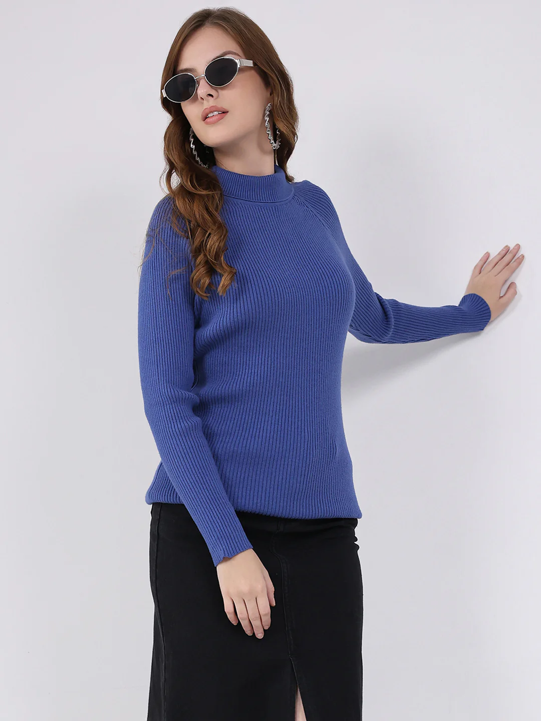 Women Blue Self Design High Neck Full Sleeve Sceavy - Image 6