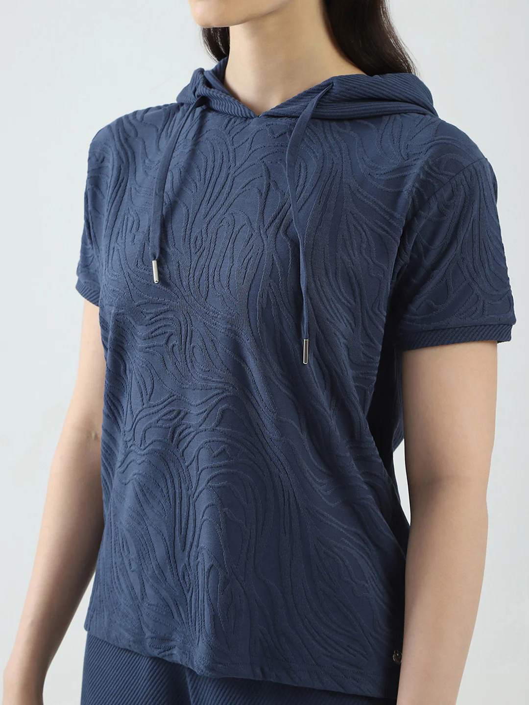 Women Blue Self Design Hooded Half Sleeve Cords Set - Image 7