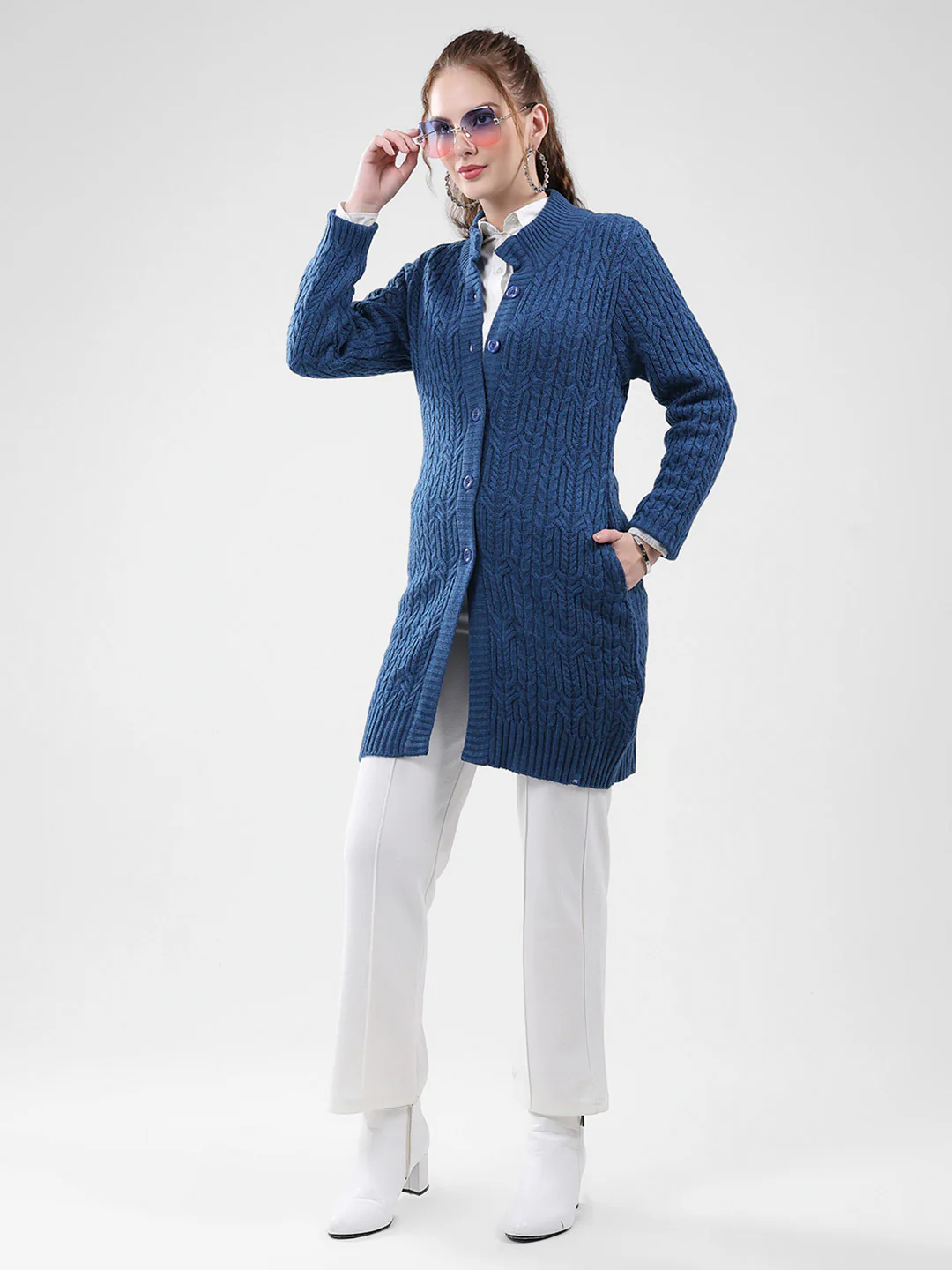 Women Blue Self Design Mock Neck Full Sleeve Cardigan - Image 2