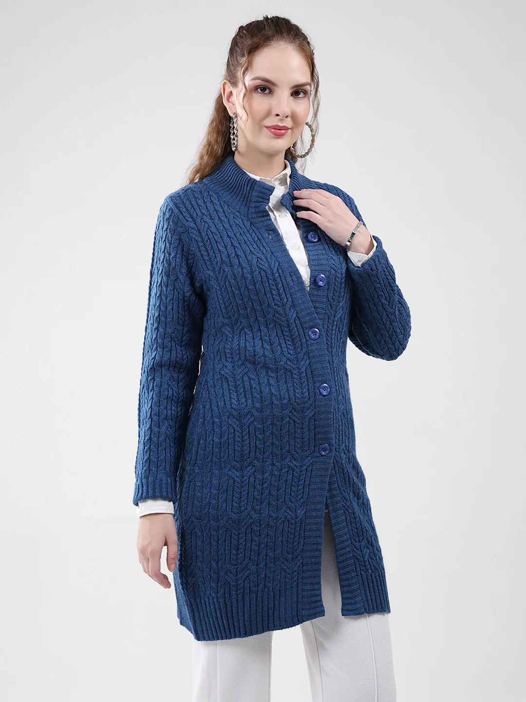 Women Blue Self Design Mock Neck Full Sleeve Cardigan - Image 4