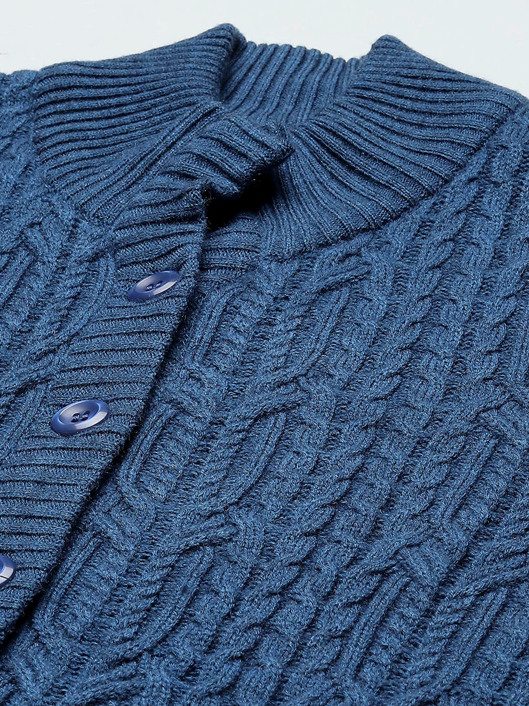 Women Blue Self Design Mock Neck Full Sleeve Cardigan - Image 7