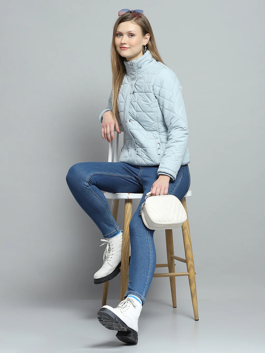 Women Blue Self Design Mock Neck Full Sleeve Jacket - Image 2