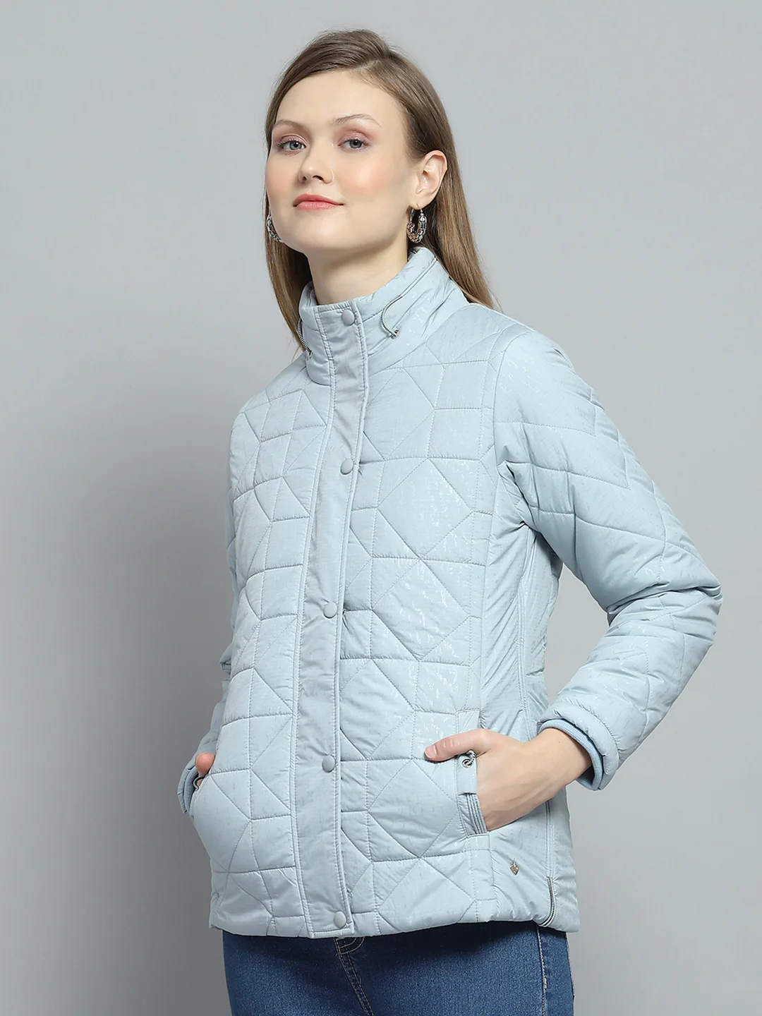 Women Blue Self Design Mock Neck Full Sleeve Jacket - Image 3