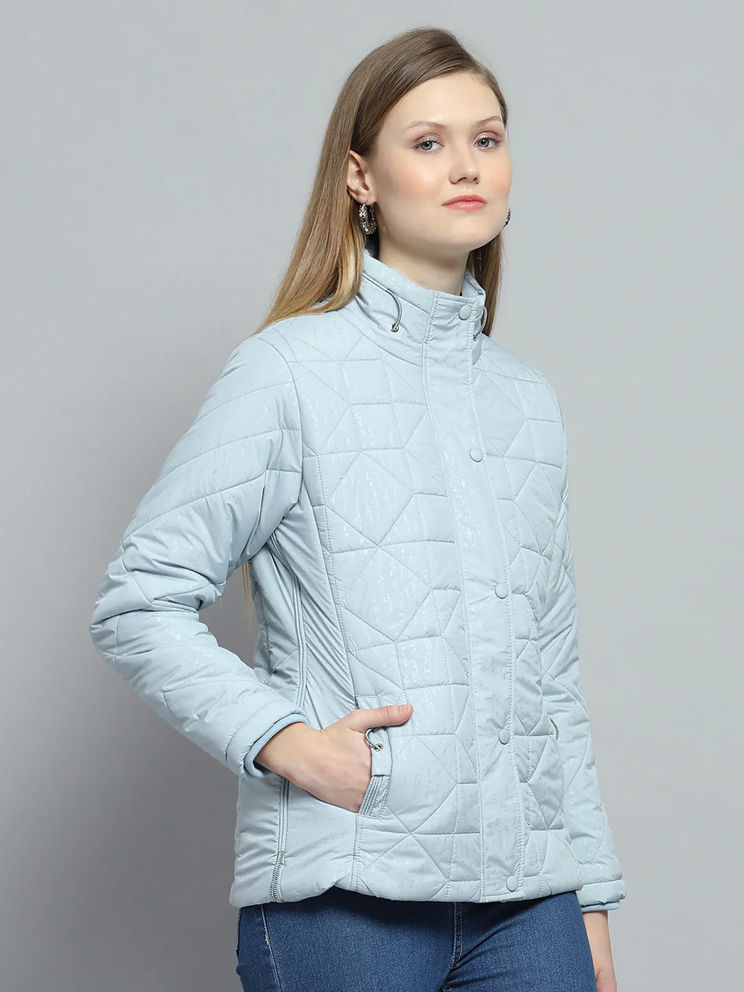 Women Blue Self Design Mock Neck Full Sleeve Jacket - Image 4