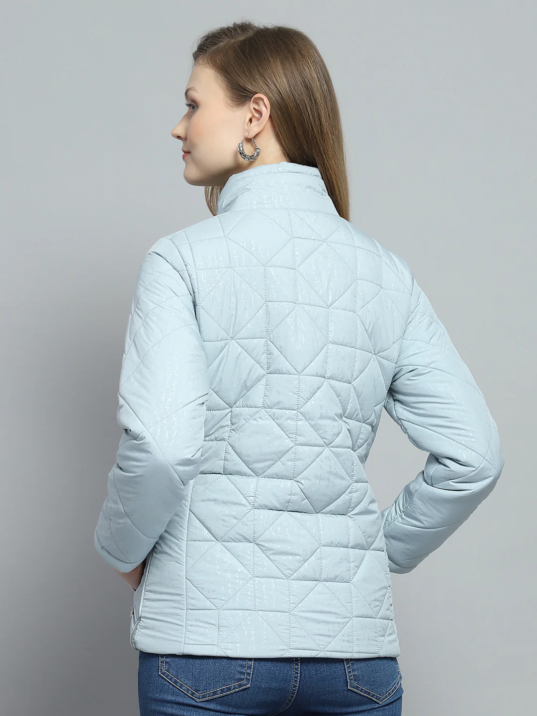 Women Blue Self Design Mock Neck Full Sleeve Jacket - Image 5