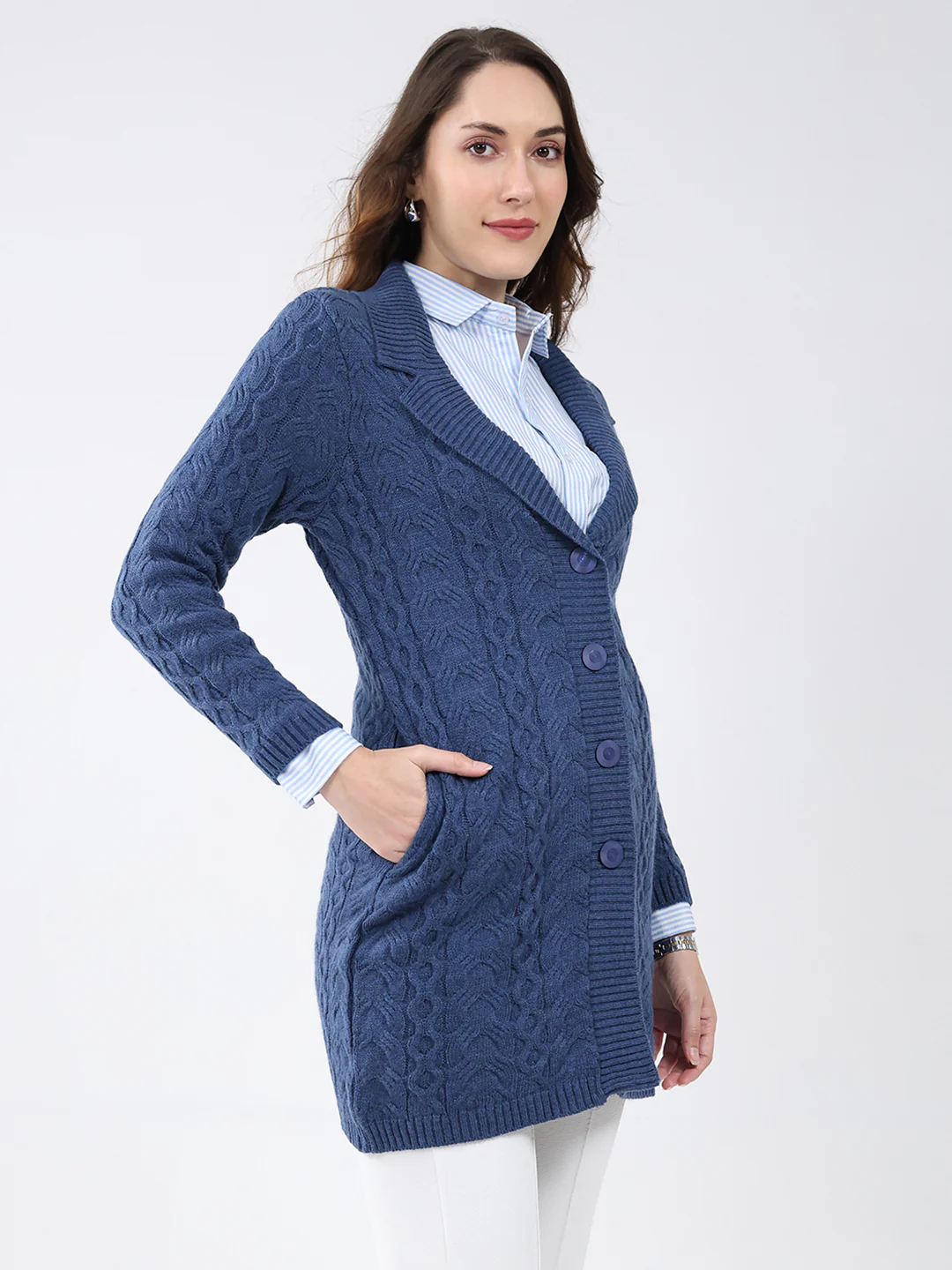 Women Blue Self Design Notch Lapel Collar Full Sleeve Cardigan - Image 4