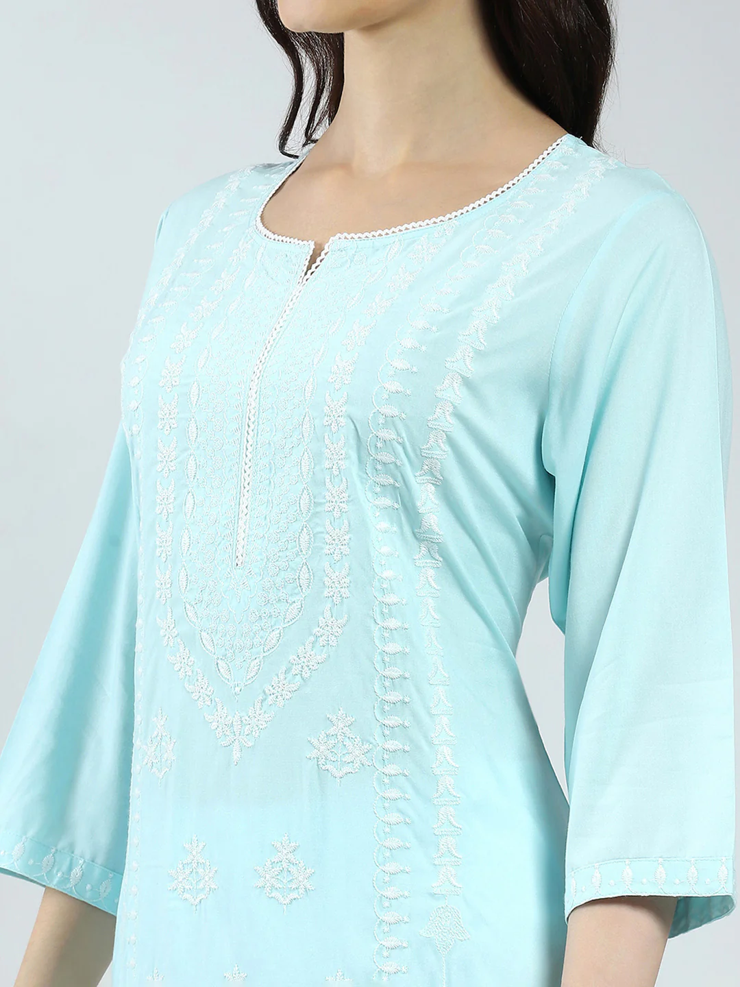 Women Blue Self Design Round Neck 3/4th Sleeve Kurti - Image 6