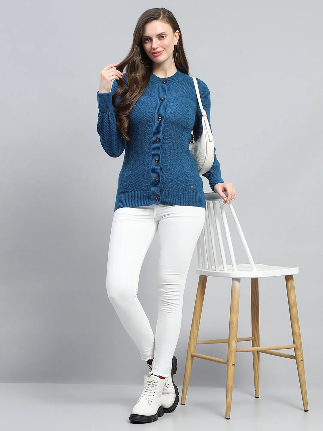 Women Blue Self Design Round Neck Full Sleeve Cardigan - Image 2