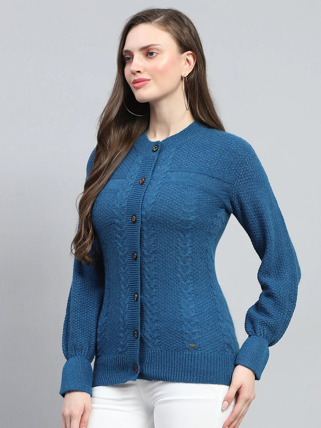 Women Blue Self Design Round Neck Full Sleeve Cardigan - Image 3