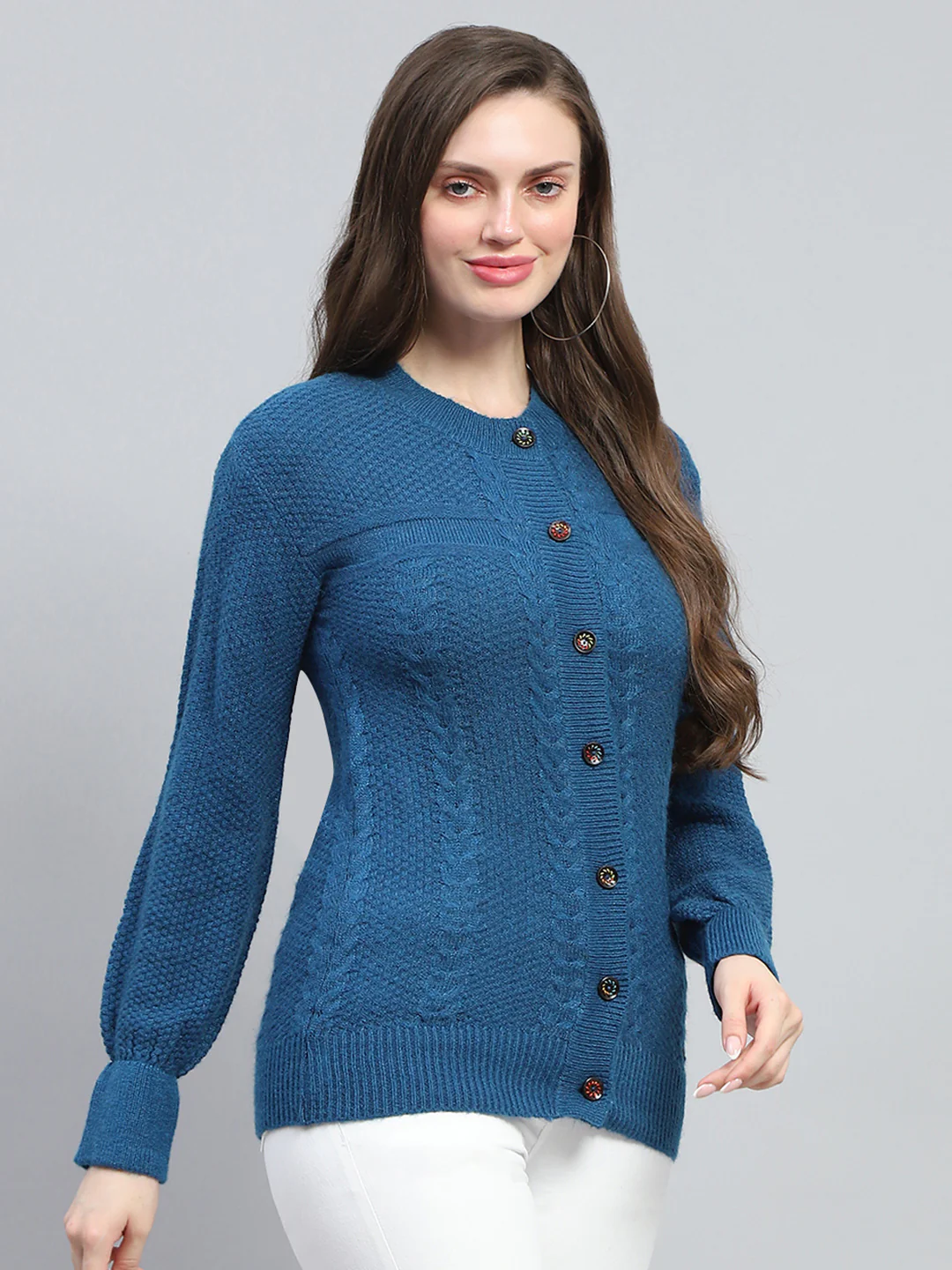 Women Blue Self Design Round Neck Full Sleeve Cardigan - Image 4