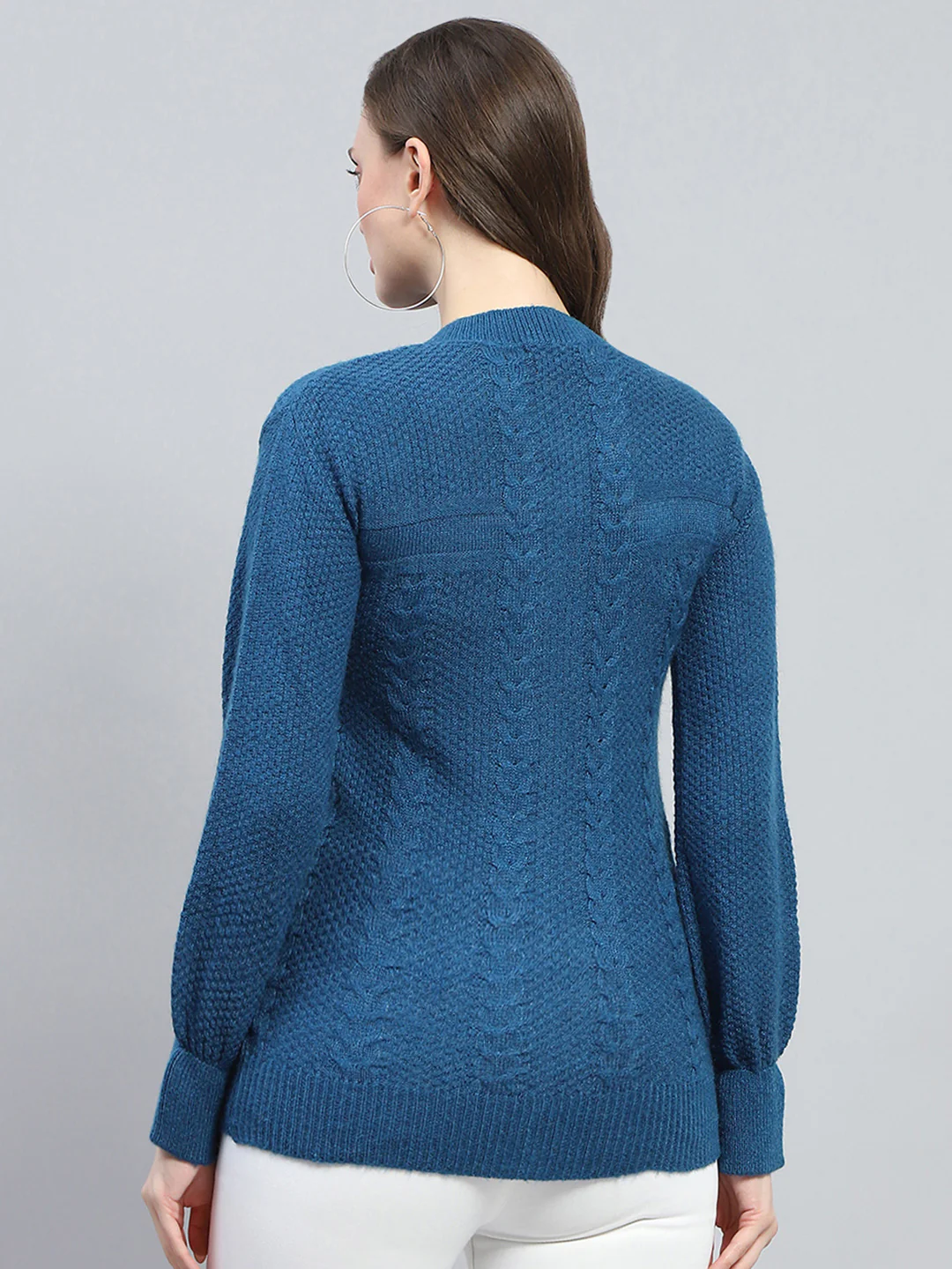 Women Blue Self Design Round Neck Full Sleeve Cardigan - Image 5