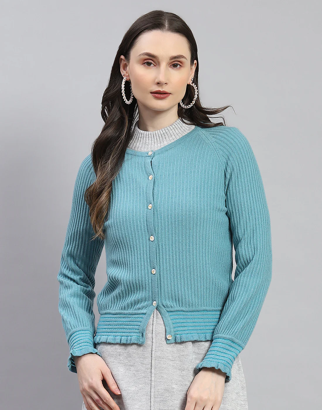 Women Blue Self Design Round Neck Full Sleeve Cardigan - Image 3