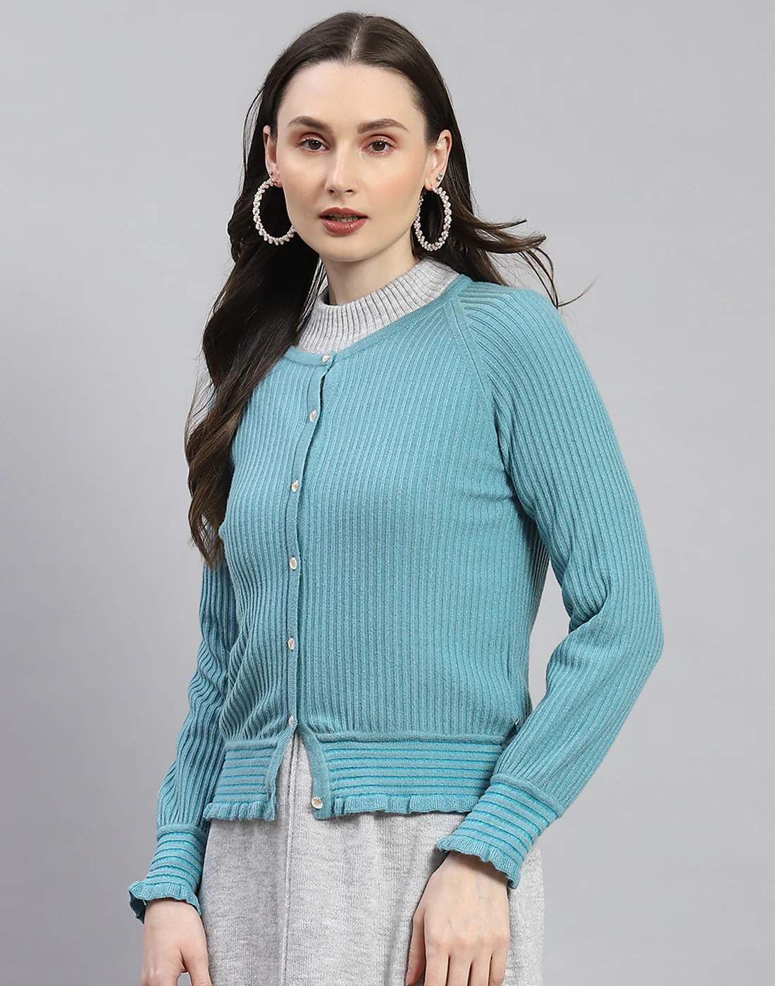 Women Blue Self Design Round Neck Full Sleeve Cardigan - Image 4
