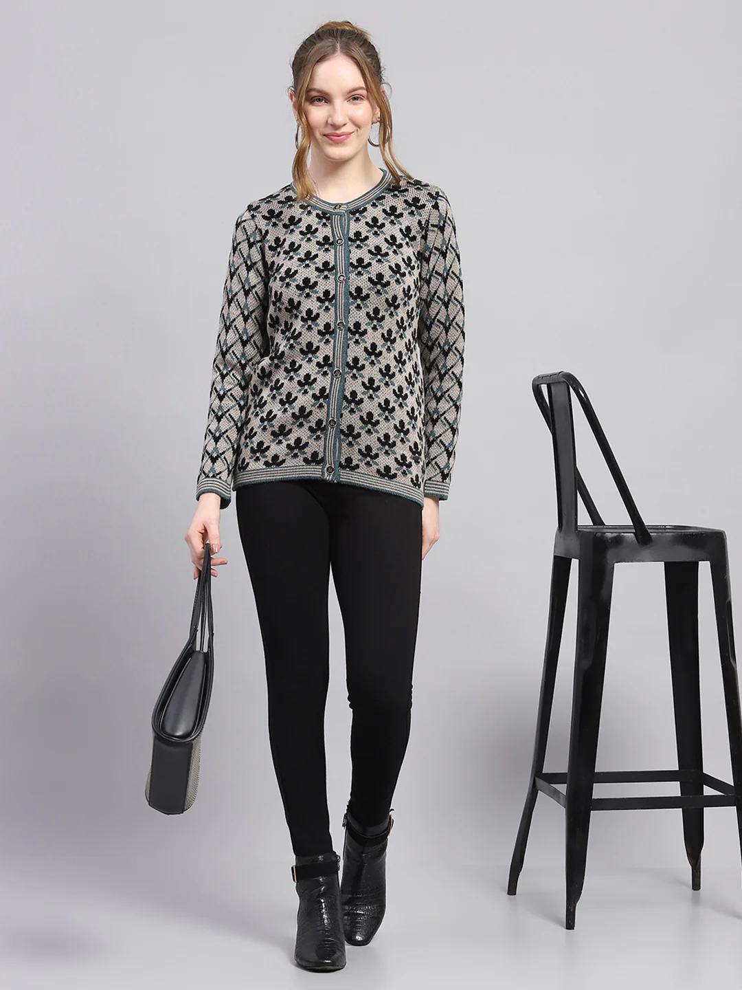 Women Blue Self Design Round Neck Full Sleeve Cardigan - Image 2