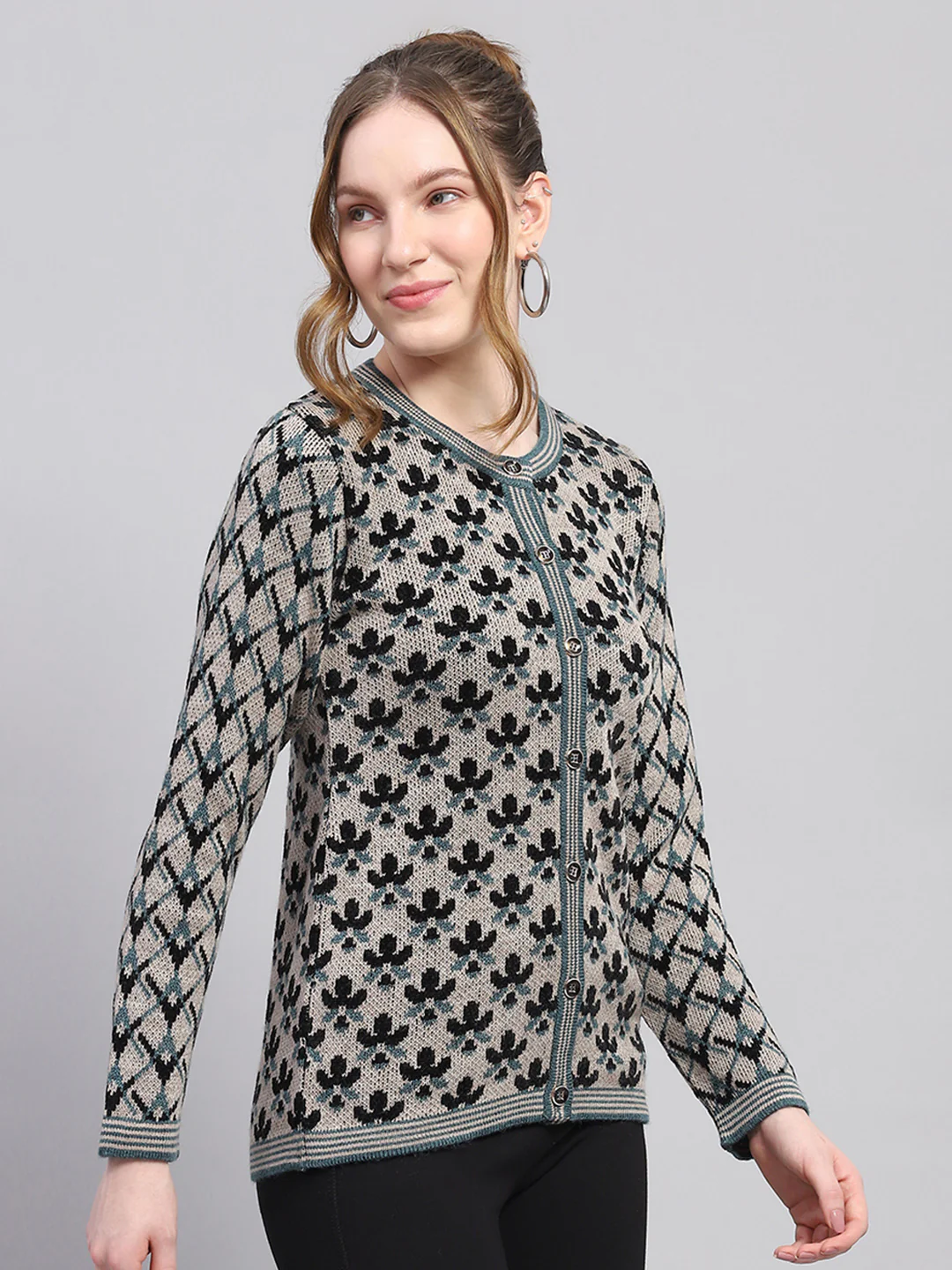 Women Blue Self Design Round Neck Full Sleeve Cardigan - Image 4