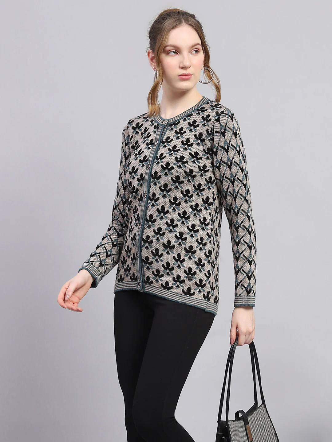 Women Blue Self Design Round Neck Full Sleeve Cardigan - Image 6