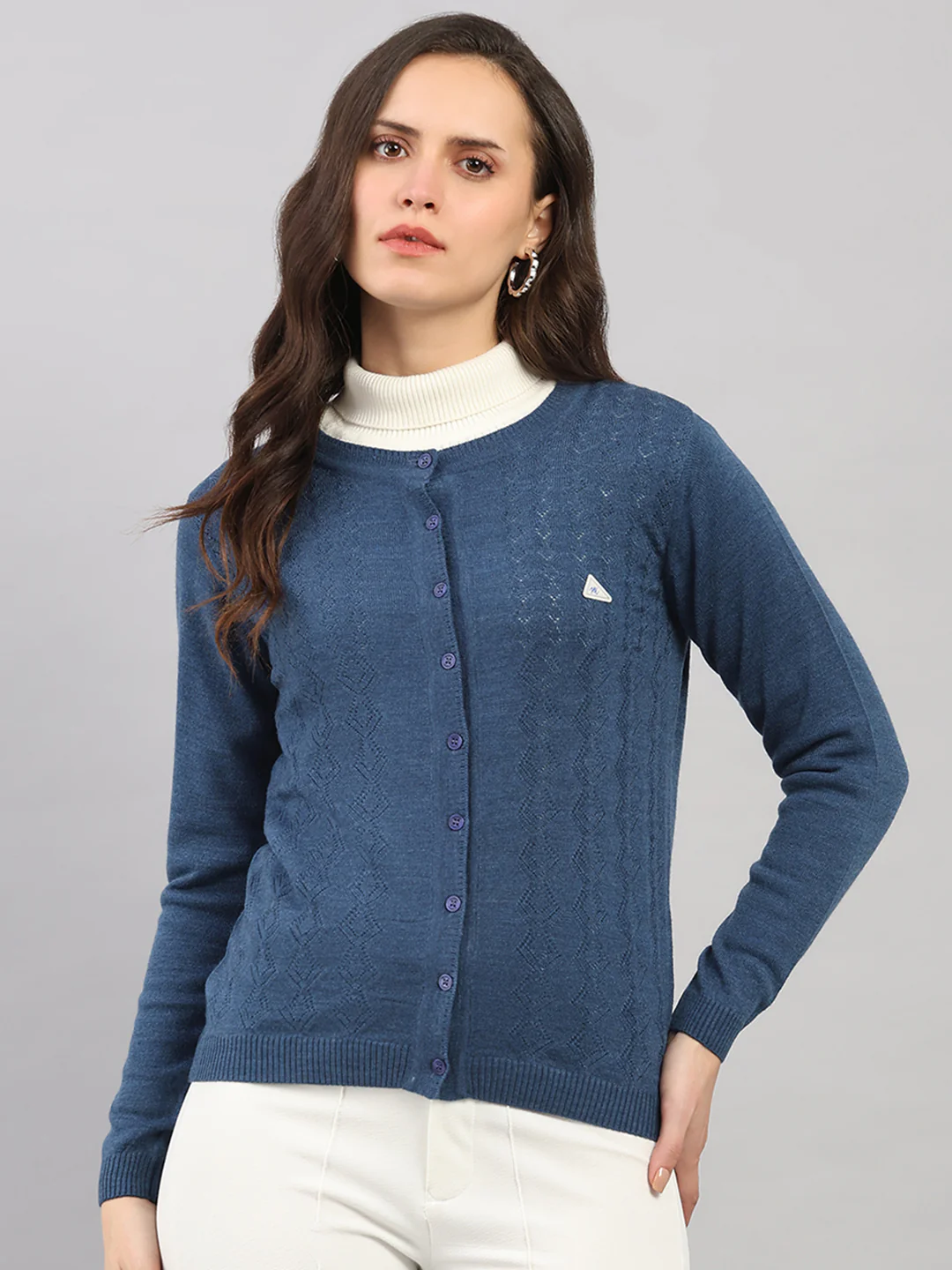 Women Blue Self Design Round Neck Full Sleeve Cardigan