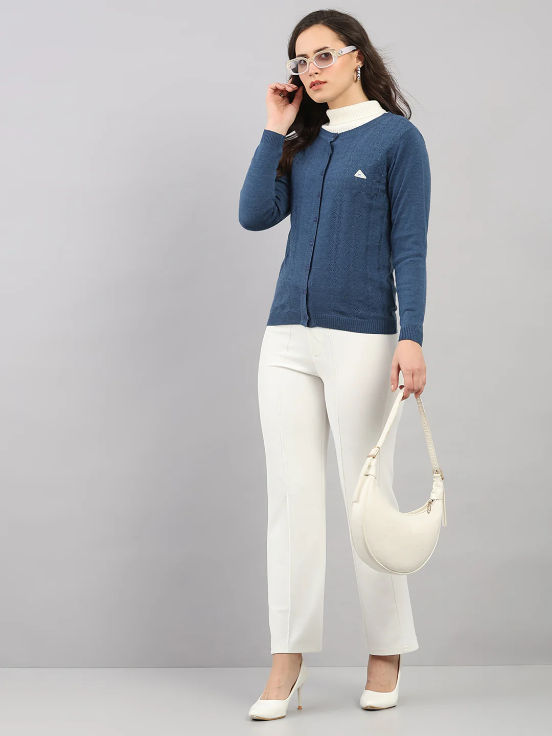 Women Blue Self Design Round Neck Full Sleeve Cardigan - Image 2