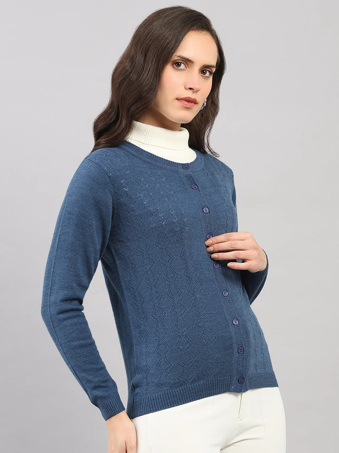Women Blue Self Design Round Neck Full Sleeve Cardigan - Image 4