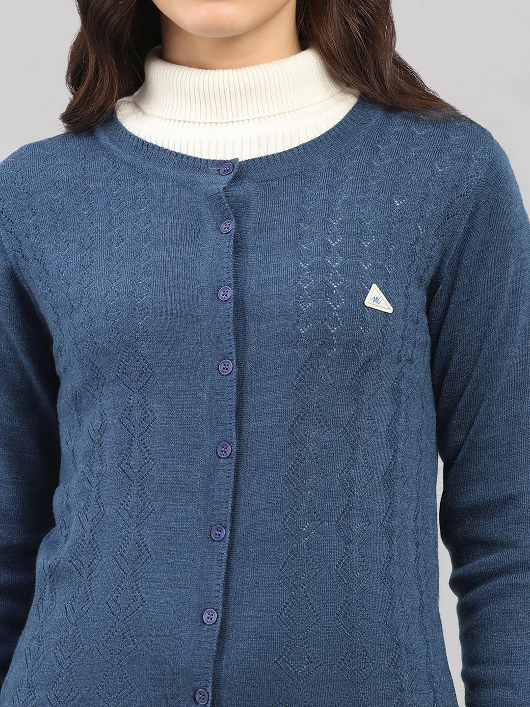 Women Blue Self Design Round Neck Full Sleeve Cardigan - Image 6