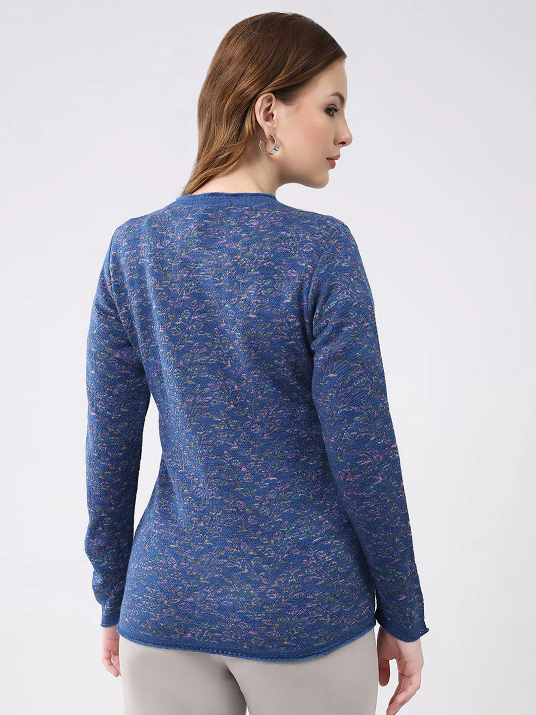 Women Blue Self Design Round Neck Full Sleeve Cardigan - Image 5