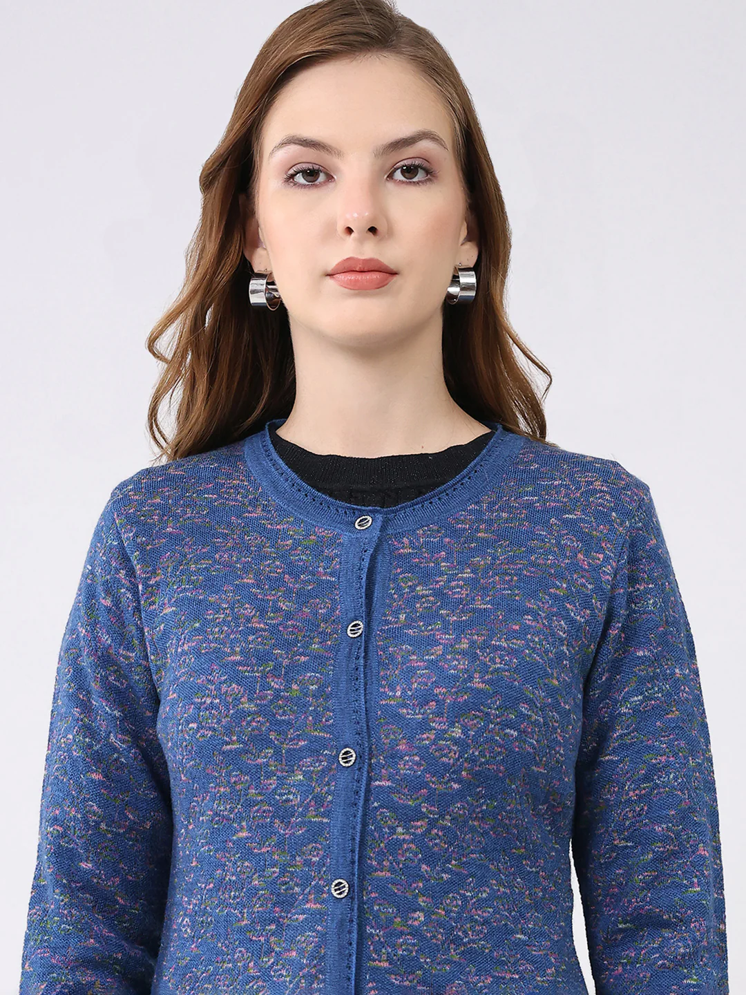 Women Blue Self Design Round Neck Full Sleeve Cardigan - Image 7