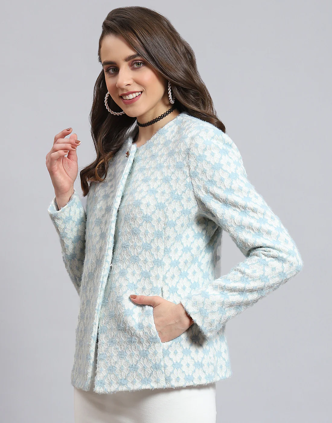 Women Blue Self Design Round Neck Full Sleeve Coat - Image 4