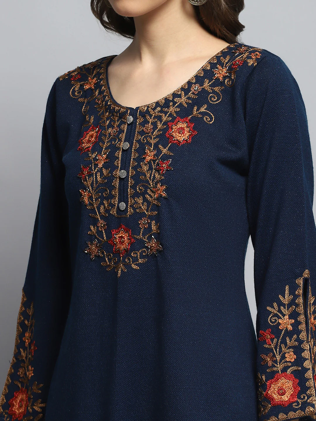 Women Blue Self Design Round Neck Full Sleeve Kurti Set - Image 6