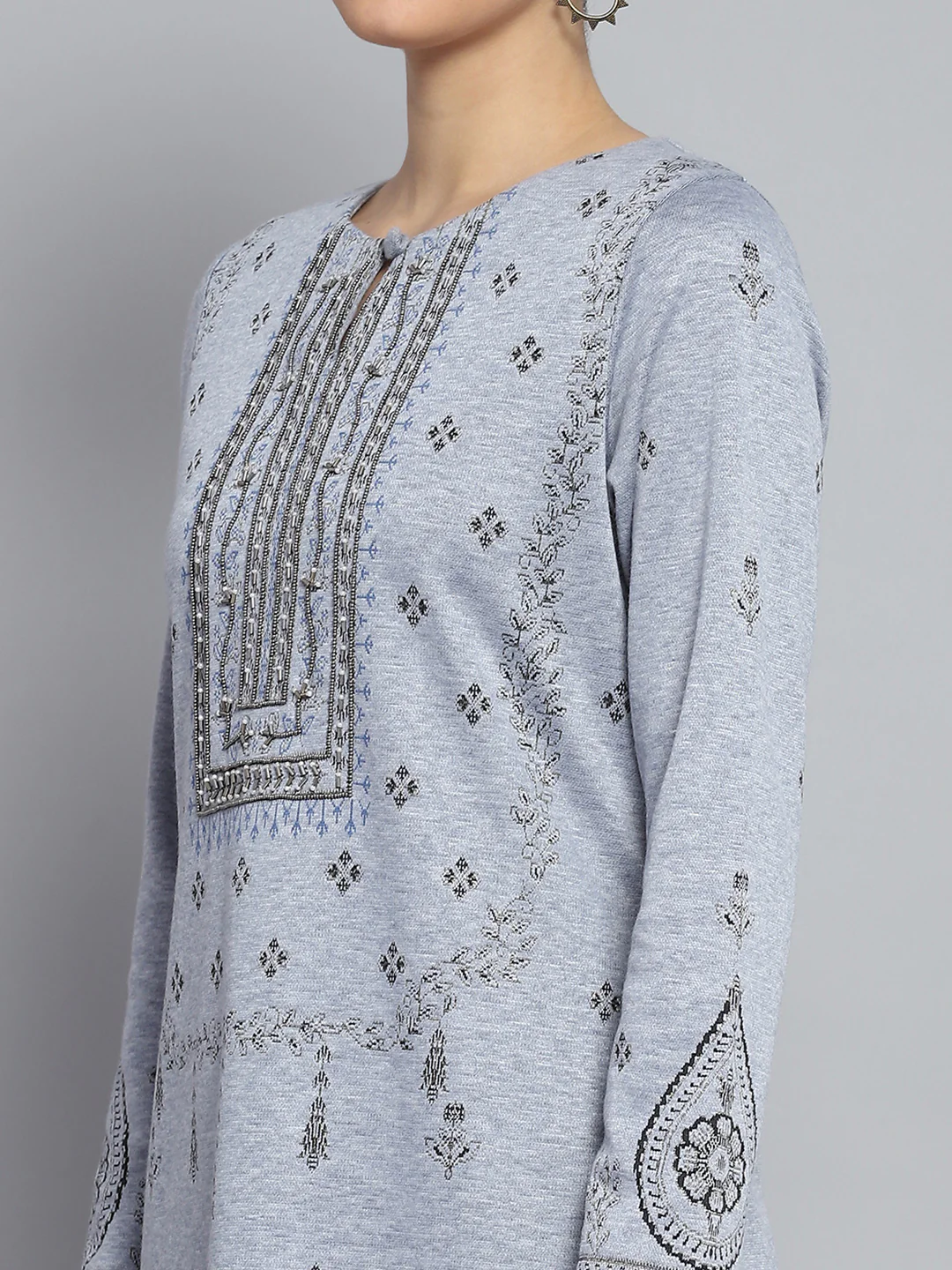 Women Blue Self Design Round Neck Full Sleeve Kurti Set for Winter - Image 6