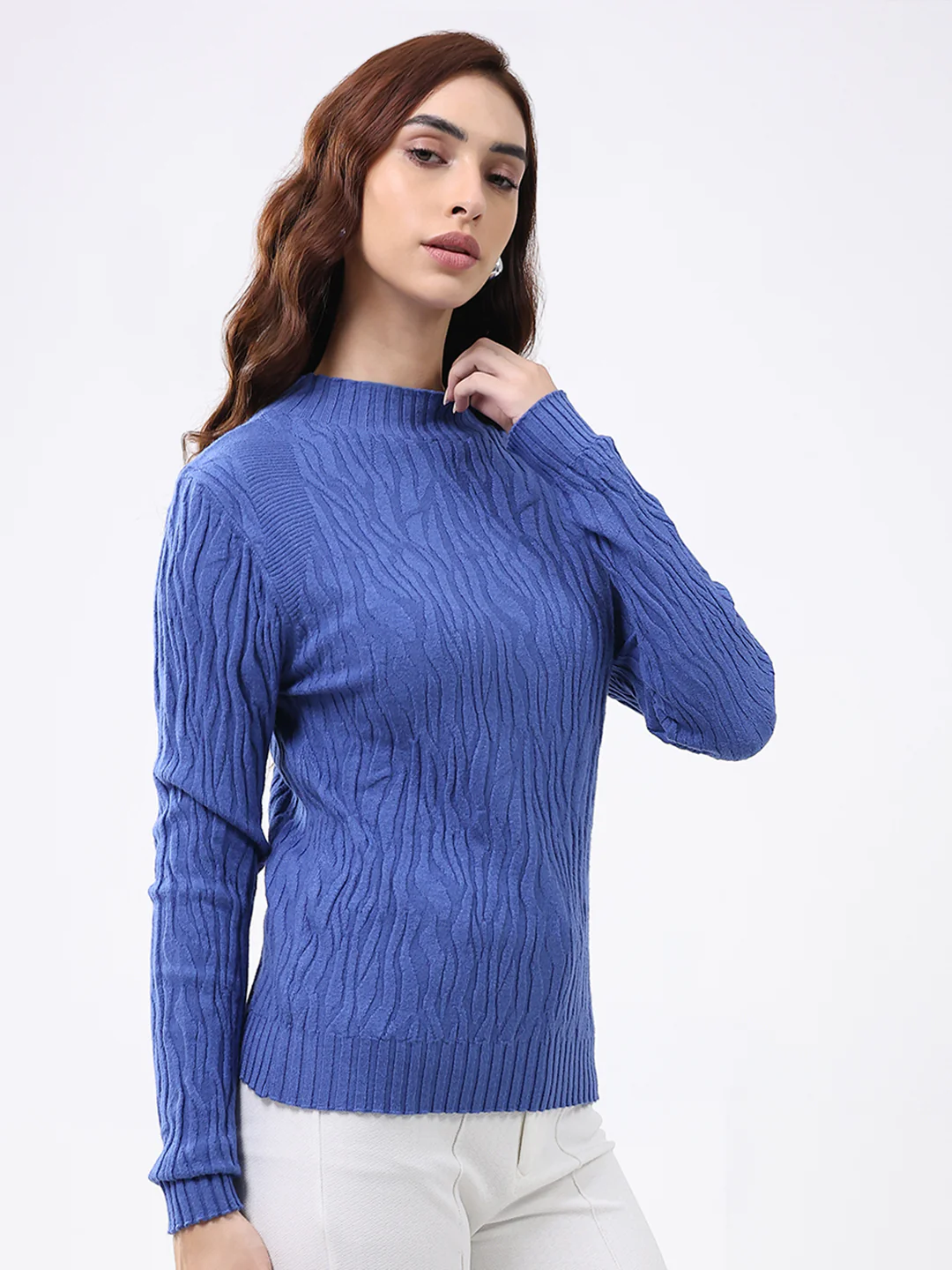 Women Blue Self Design Round Neck Full Sleeve Winter Top - Image 4