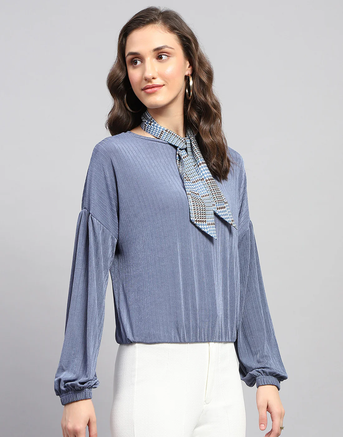 Women Blue Self Design Round Neck Full Sleeve Winter Top - Image 5
