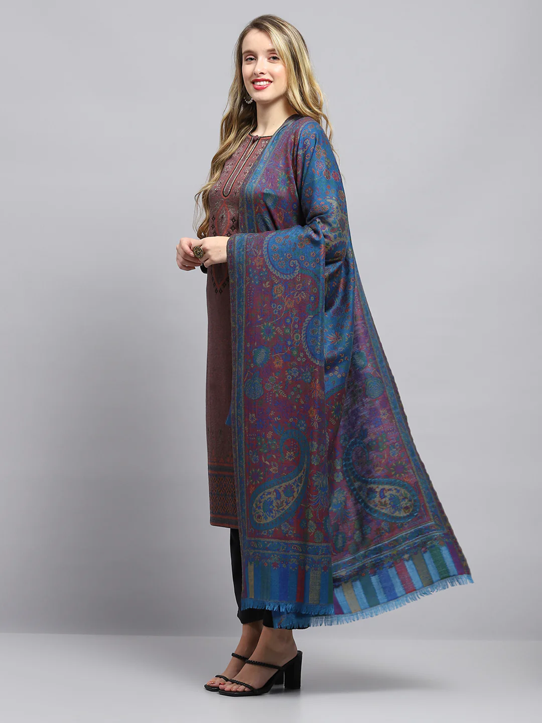 Women Blue Self Design Shawl - Image 3