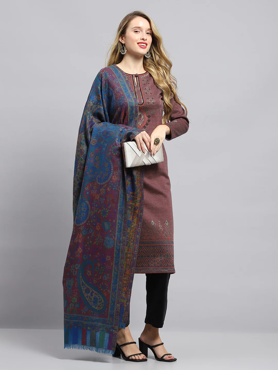 Women Blue Self Design Shawl - Image 5