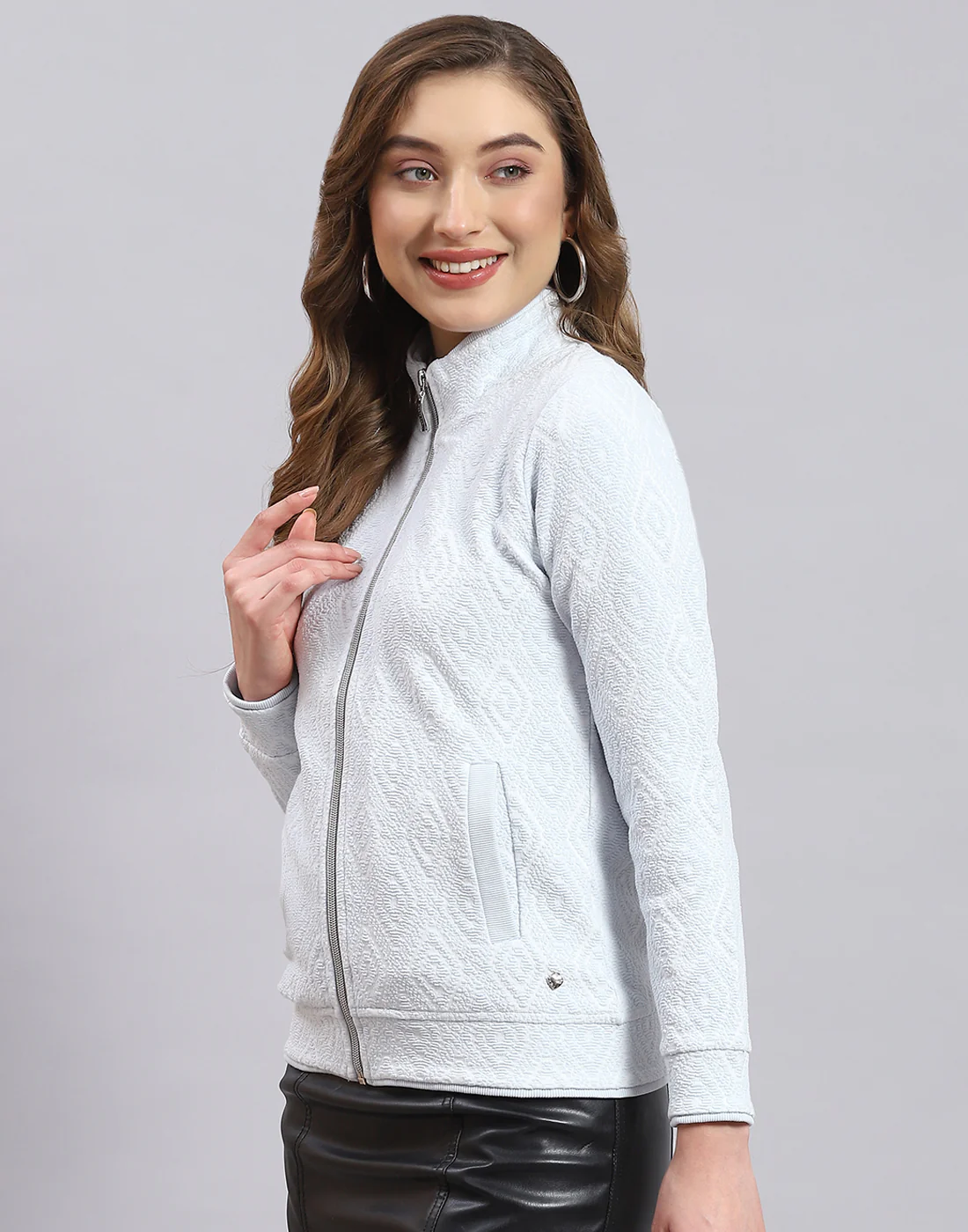 Women Blue Self Design Stand Collar Full Sleeve Sweatshirt - Image 3