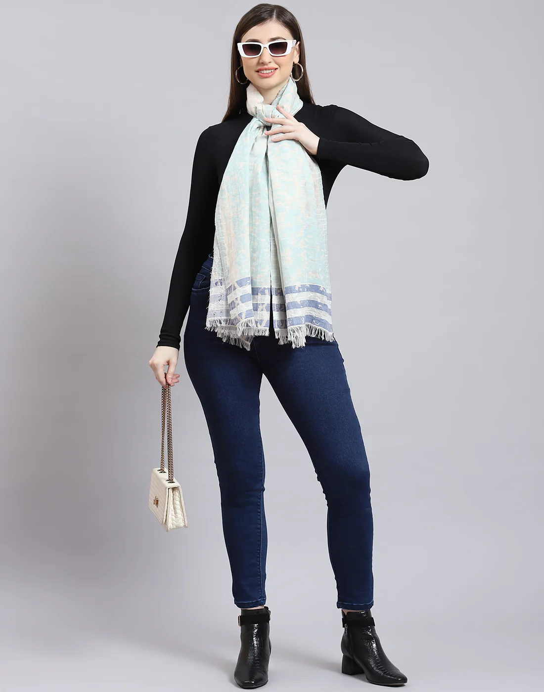 Women Blue Self Design Stole - Image 2